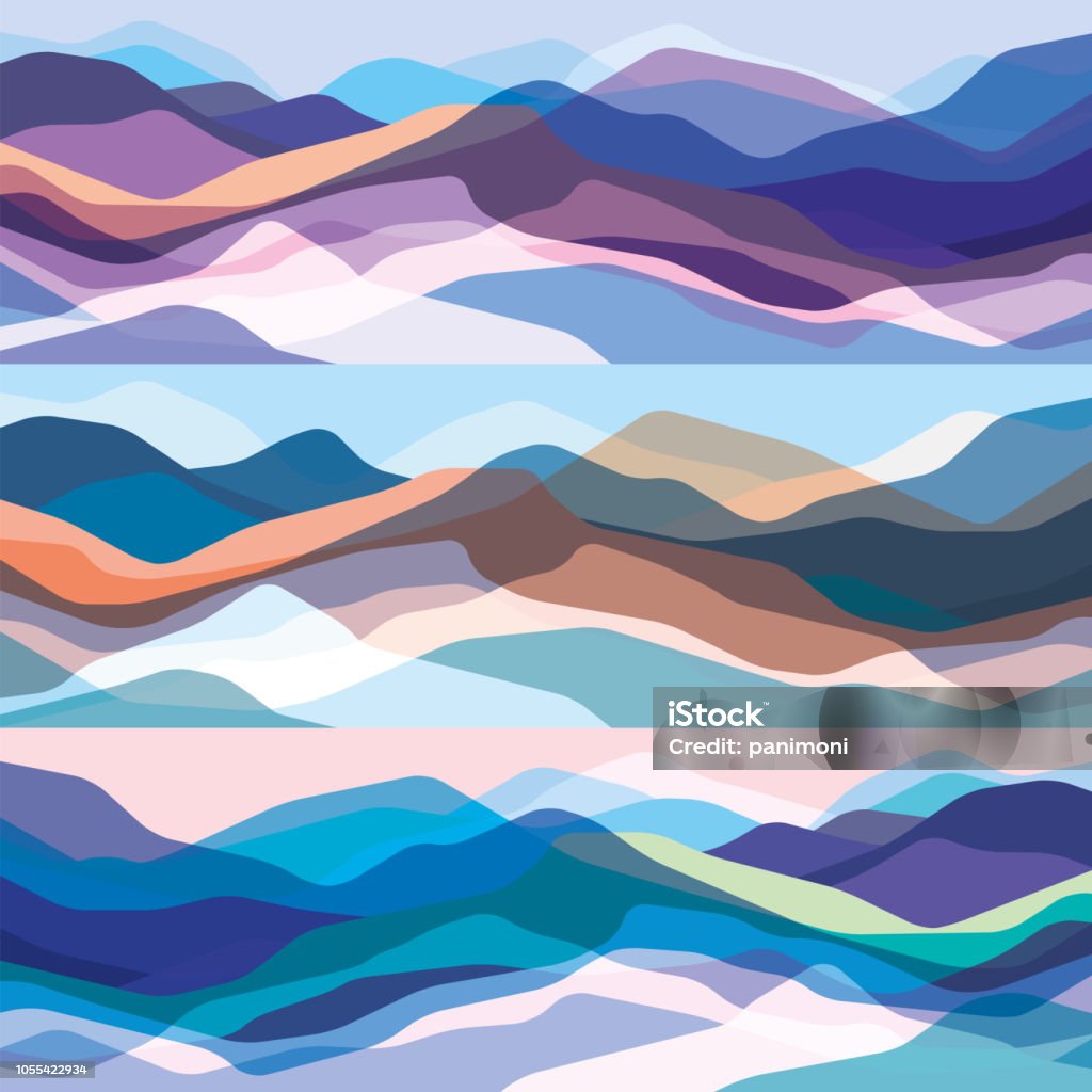 Color mountains set, translucent waves, abstract glass shapes, modern background, vector design Illustration for you project Mountain stock vector