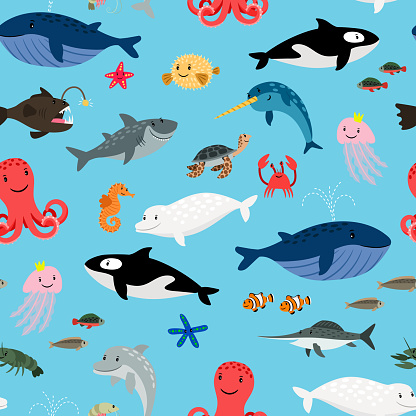 Sea Animals Pattern Stock Illustration - Download Image Now - Whale, Beach, Horse - iStock
