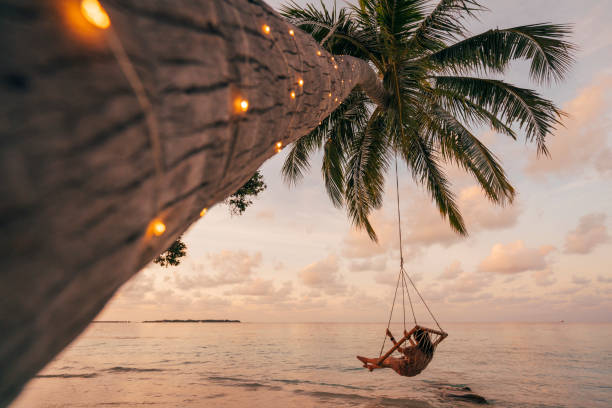 Young adult woman relaxing on a swing in a tropical paradise Young adult woman relaxing on a swing in a tropical paradise Maldives Ideal Holiday stock pictures, royalty-free photos & images