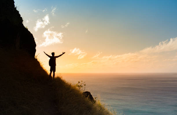 Man celebrating on top of a mountain