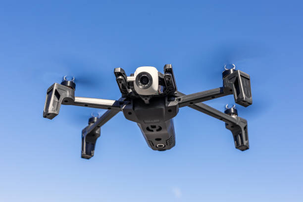 26th October 2018 - Kiev,Ukraine: New 2018 Parrot anafi drone flying against blue clear sky on background on bright sunny day. Dji competitor UAV. 21 Mpx camera with 4k HDR video.