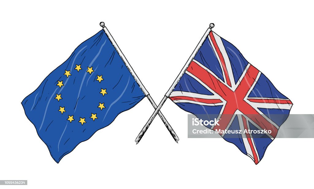 European Union and United Kingdom flags drawing - brexit allegory - vintage like illustration of flag of EU. Monochromatic banner contour on white background. A sketch - illustration of European and British flag in old style line drawing silhouette on white background. Flag stock vector