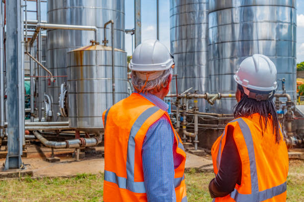 vista trasera del éxito más viejo dueño de negocio o gerente en discusión con el empleado en el sitio en una planta química. - distillation tower fotografías e imágenes de stock