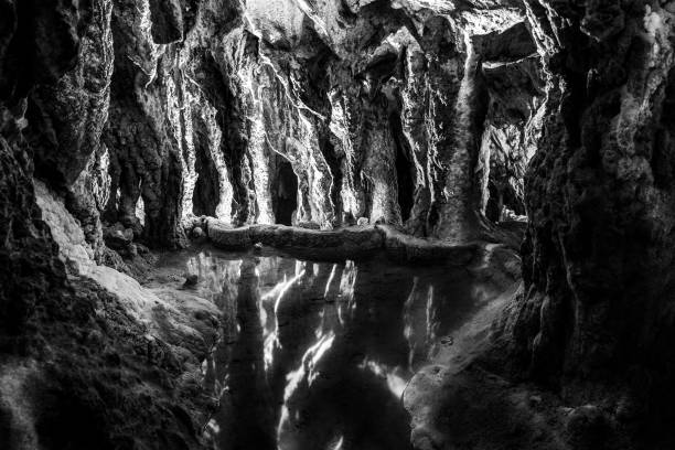 formations rocheuses magnifique grotte calcaire reflétant dans l’eau en noir et blanc - geological feature cave sedimentary rock limestone photos et images de collection