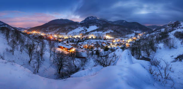 istock Landscape with Village at winter night, panorama 1055439822