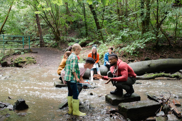 Searching the River for Wildlife Group of school children on a field trip. They are standing in a river looking for wildlife while listening to their teacher. field trip stock pictures, royalty-free photos & images