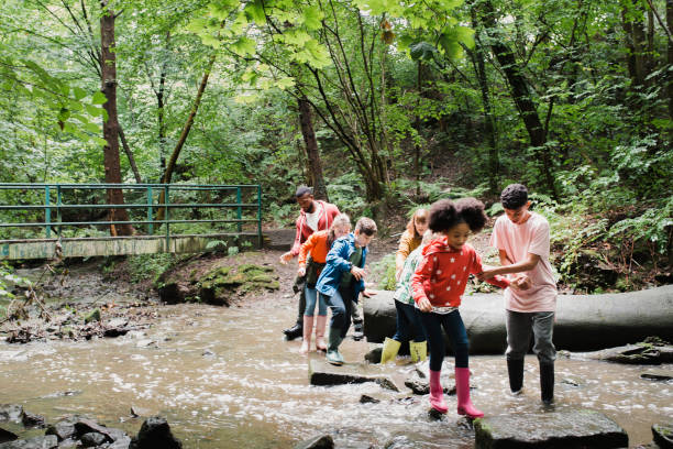 Working Together to Cross the River Group of school children and their teachers working together to cross a river. The older students are giving a helping hand to the younger students to cross and stand on the wet rocks. orienteering stock pictures, royalty-free photos & images