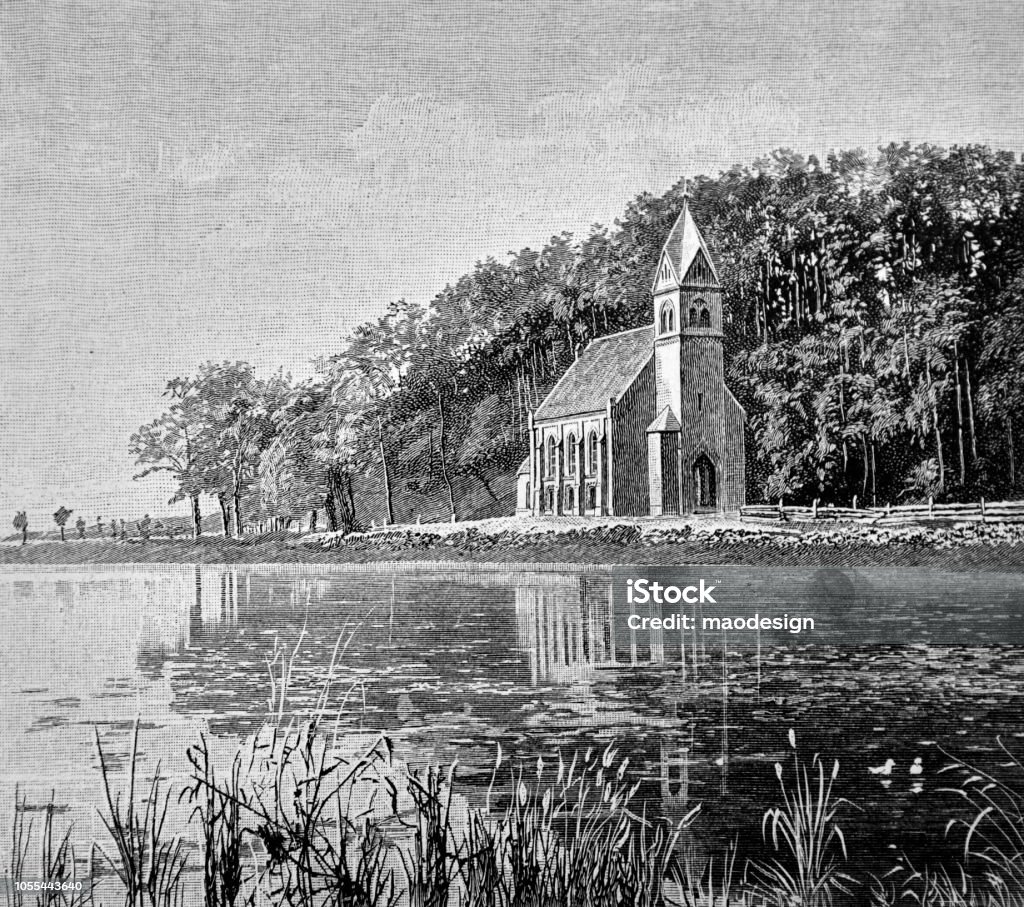 Small village Catholic church on the lake shore - 1888 1880-1889 stock illustration
