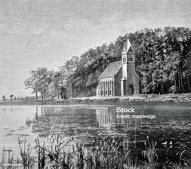 Small Village Catholic Church On The Lake Shore 1888 Stock Illustration - Download Image Now