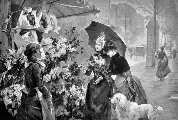 ilustrações, clipart, desenhos animados e ícones de duas mulheres jovens perguntam a florista flores em um mercado de rua - 1888 - florist flower market flower store