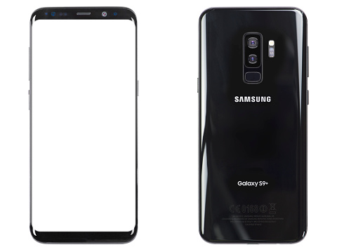 Studio shot of a Samsung Galaxy S9 Plus smartphone on white. Size: 6.2 inches, Resolution: 1440 x 2960 pixels (Quad HD+), Camera: 12 MP. Samsung Galaxy is a touchscreen smart phone produced by Samsung Electronics.