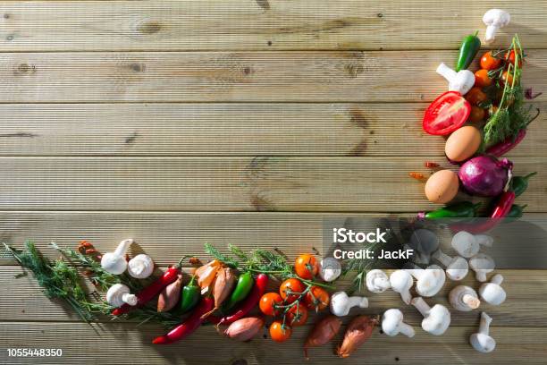 Mushrooms Vegetables Greens On Wooden Background Stock Photo - Download Image Now - Backgrounds, Condiment, Cooking