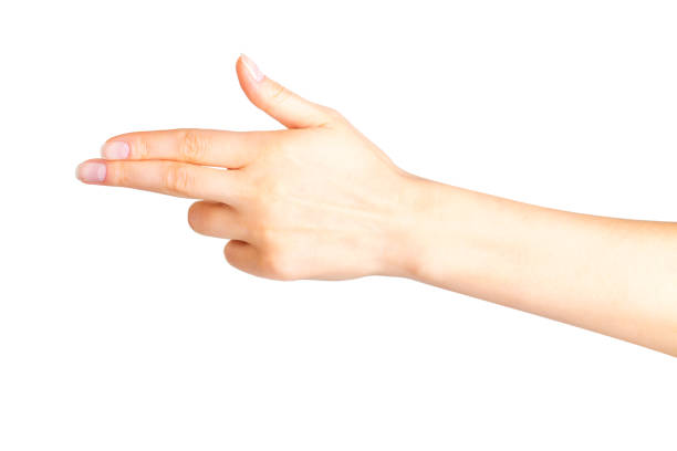 istock Woman hand pointing to the left with two fingers 1055452194