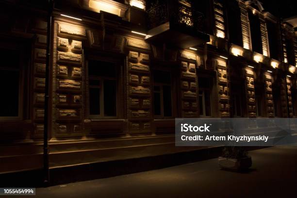 Urban Building Facade Details Illuminated Stock Photo - Download Image Now - Architectural Cornice, Architecture, Autumn