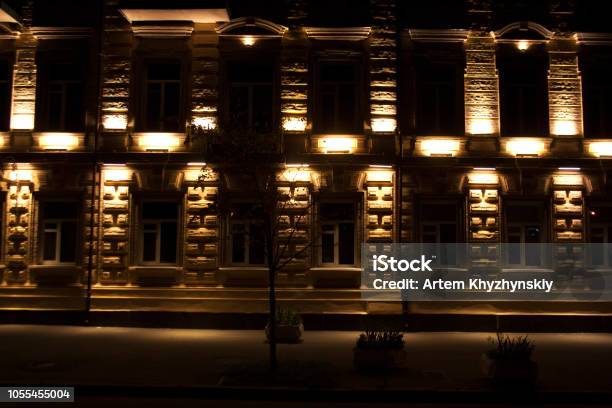 Urban Building Facade On Autumn Night Stock Photo - Download Image Now - Architectural Cornice, Architecture, Autumn