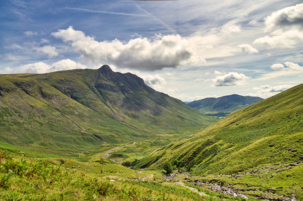 A view down the length of Great Langdale from Rossett ghyll A view down the length of Great Langdale from Rossett ghyll, at the head of the valley. English Lake District. langdale pikes stock pictures, royalty-free photos & images