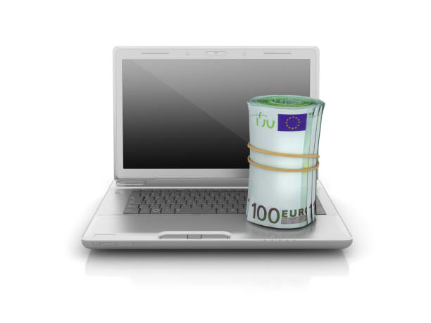 istock Computer Laptop with Euro Money Roll - 3D Rendering 1055465238