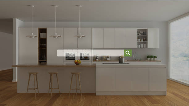 istock Searching, browsing, Internet data information, over minimalist white and wooden kitchen 1055471396