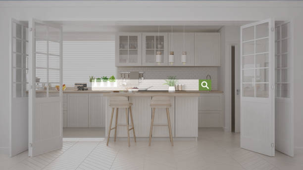 istock Searching, browsing, Internet data information, over minimalist white and wooden kitchen 1055471410