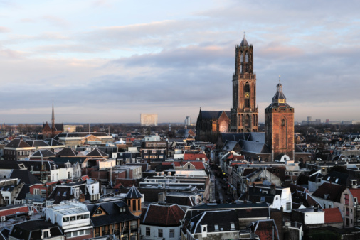 Dordrecht Netherlands, skyline of the old city of Dordrecht with church and canal buildings in the Netherlands Europe