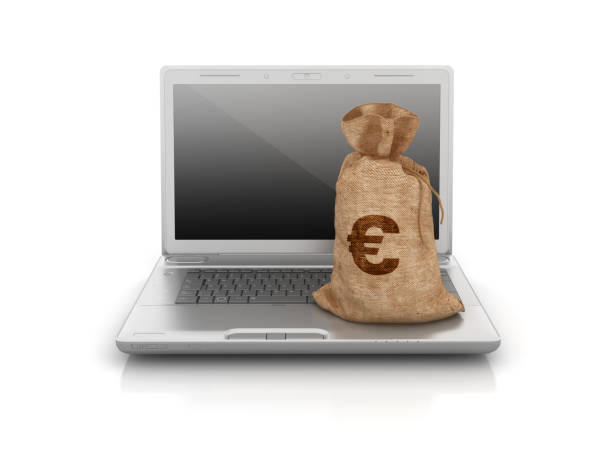 istock Computer Laptop with Euro Money Sack - 3D Rendering 1055472652