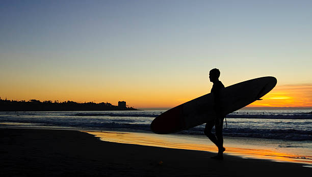 surfer zu fuß am strand bei sonnenuntergang - torrey pines state reserve stock-fotos und bilder