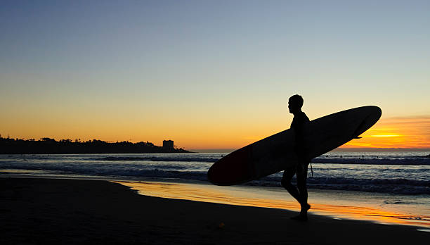 surfista cammina sulla spiaggia al tramonto - torrey pines state reserve foto e immagini stock