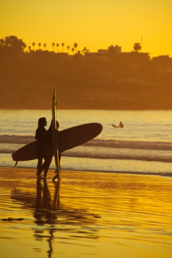 Back, surf and sunset view with a man on the beach during summer for travel, vacation or recreation. Sky, nature and surfing with a male surfer on the coast for a water sports hobby while on holiday