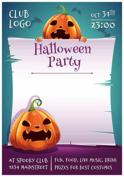 happy halloween editierbare poster mit wütend und ängstlich kürbisse mit pergament auf dunkelblauem hintergrund mit fledermäusen. happy halloween-party. - scroll halloween pumpkin letter stock-grafiken, -clipart, -cartoons und -symbole