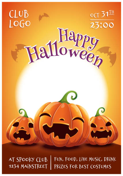happy halloween bearbeitet werden poster mit lächeln, ängstlich und wütend kürbisse auf orangem hintergrund mit vollmond. happy halloween-party. - scroll halloween pumpkin letter stock-grafiken, -clipart, -cartoons und -symbole