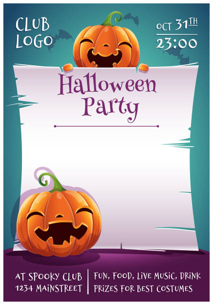 happy halloween editierbare poster mit lächelnd und glücklich kürbisse mit pergament auf dunkelblauem hintergrund mit fledermäusen. happy halloween-party. - scroll halloween pumpkin letter stock-grafiken, -clipart, -cartoons und -symbole