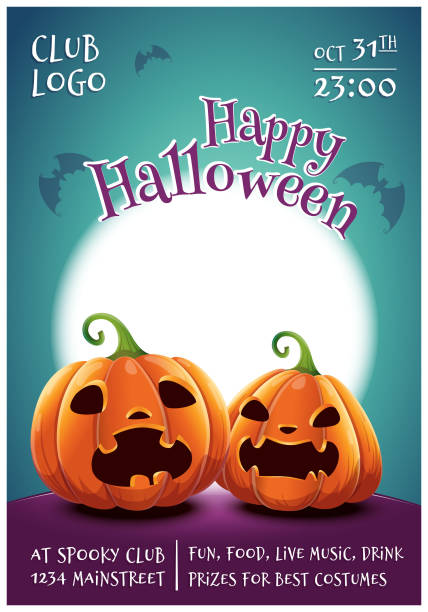 happy halloween editierbare poster mit ängstlich und wütend kürbisse auf dunkelblauem hintergrund mit vollmond. happy halloween-party. - scroll halloween pumpkin letter stock-grafiken, -clipart, -cartoons und -symbole