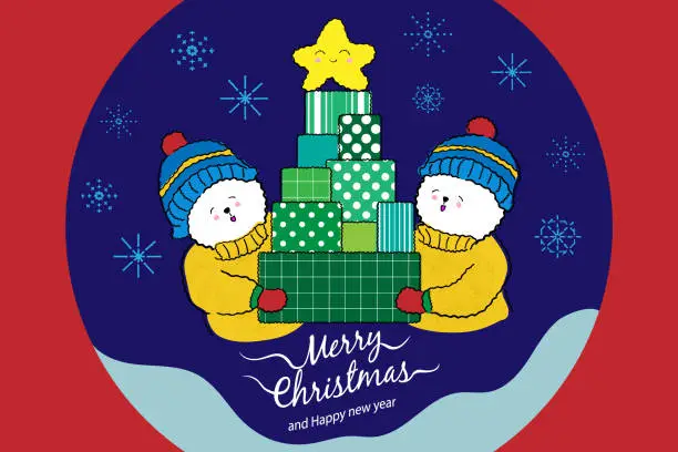 Vector illustration of Christmast card design with a couple of cute Bichon frise dogs.