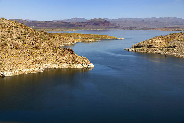 Saguaro cactus punctuates a stunning view of the calm water of Canyon Lake on The Apache Trail in Tonto National Forest in Arizona