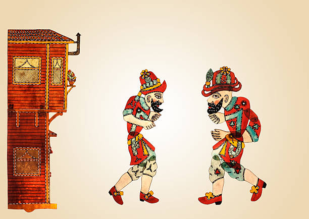 Colorful illustration of Karagoz and Hacivat on stage The Main Characters of Turkish Shadow Puppet Tradition: Karagoz and Hacivat hacivat karagoz stock pictures, royalty-free photos & images