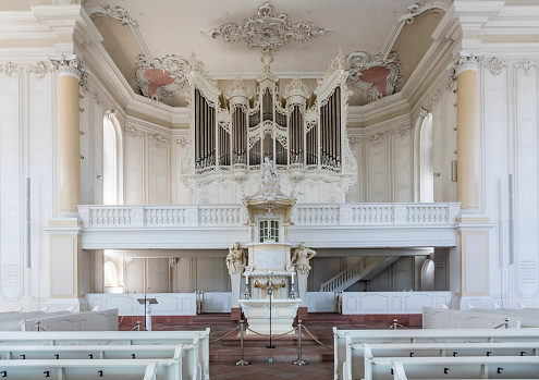 SAARBRUECKEN, GERMANY - AUG 5, 2018: inside the  Ludwigskirche Church in Saarbruecken, Germany. The architect  Friedrich Joachim Stengel started in 1762 building the church.