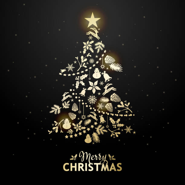 Golden Christmas Tree Elements Christmas elements forming a shiny Christmas tree on black background black background illustrations stock illustrations