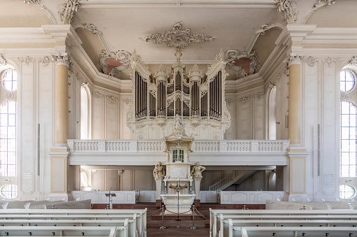 SAARBRUECKEN, GERMANY - AUG 5, 2018: inside the  Ludwigskirche Church in Saarbruecken, Germany. The architect  Friedrich Joachim Stengel started in 1762 building the church.