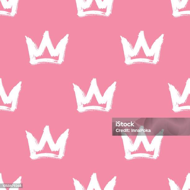Seamless Pattern With White Handdrawn Crowns On Pink Background Rough Brush Painted Shapes Vector Backdrop Doodle Style Illustration Stock Illustration - Download Image Now