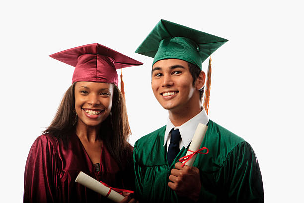 istock multi racial couple in cap and gown 105548415