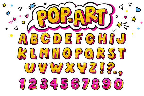 comic-retro-buchstaben gesetzt. alphabet buchstaben und zahlen im stil von comics - comic font stock-grafiken, -clipart, -cartoons und -symbole