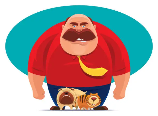 Vector illustration of angry middle age man with dog and cat