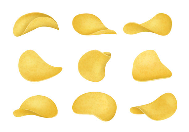 Realistic Detailed 3d Potato Chips Set Different View. Vector Realistic Detailed 3d Potato Chips Set Different View Snack Food Unhealthy Tasty Nosh. Vector illustration of Crispy Chip gold potato stock illustrations