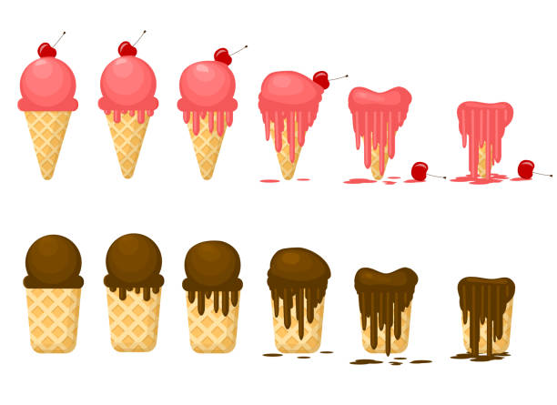 мультфильм цвет мороженое плавления икона набор. вектор - melting ice cream cone chocolate frozen stock illustrations