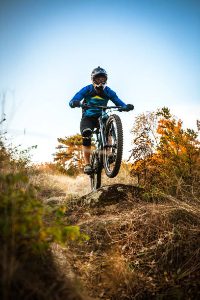 mountain biker cycling on trail in woods - wood dirt road footpath exercising imagens e fotografias de stock