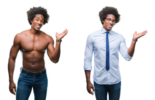 Collage of african american shirtless and business man over isolated background smiling cheerful presenting and pointing with palm of hand looking at the camera. Collage of african american shirtless and business man over isolated background smiling cheerful presenting and pointing with palm of hand looking at the camera. semi dress stock pictures, royalty-free photos & images