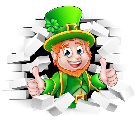 A cute St Patricks Day Leprechaun cartoon character breaking through the background brick wall and giving a thumbs up