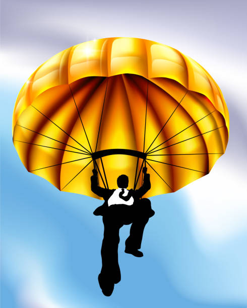 황금 낙하산 사업 개념 - parachute parachuting skydiving silhouette stock illustrations