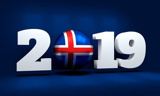 2019 Happy New Year Background for seasonal greetings card or Christmas themed invitations. Flag of the Iceland