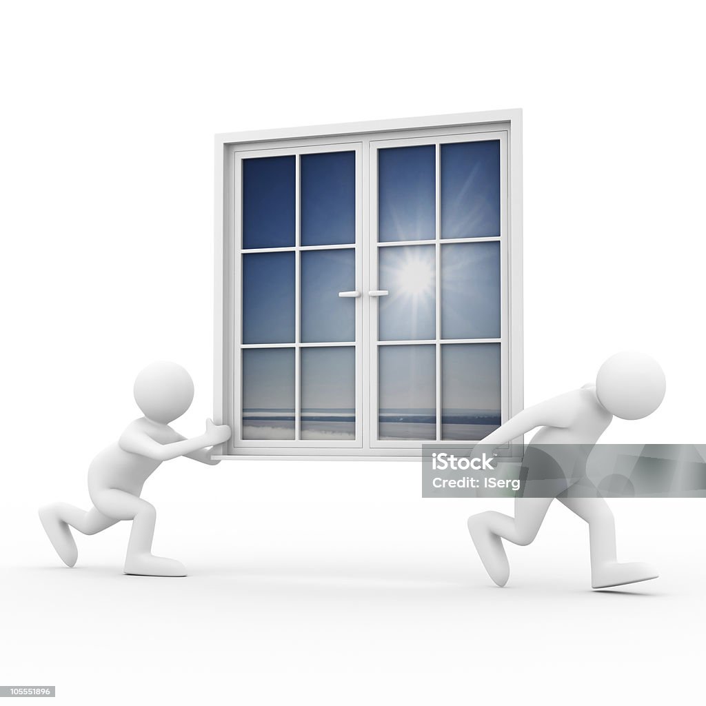 Dois homem carregar janela no fundo branco. Imagem 3D isolada - Foto de stock de Adulto royalty-free